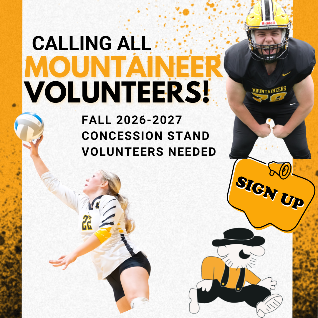 Promotional graphic titled "Calling All Mountaineer Volunteers!" seeking fall 2026-2027 concession stand volunteers. The image features a football player flexing, a volleyball player reaching for a ball, and the Iron Mountain Mountaineers mascot next to a "Sign Up" button.